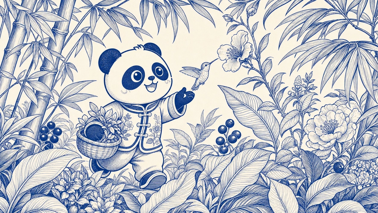 蓝白植物线描《竹林蜂鸟》