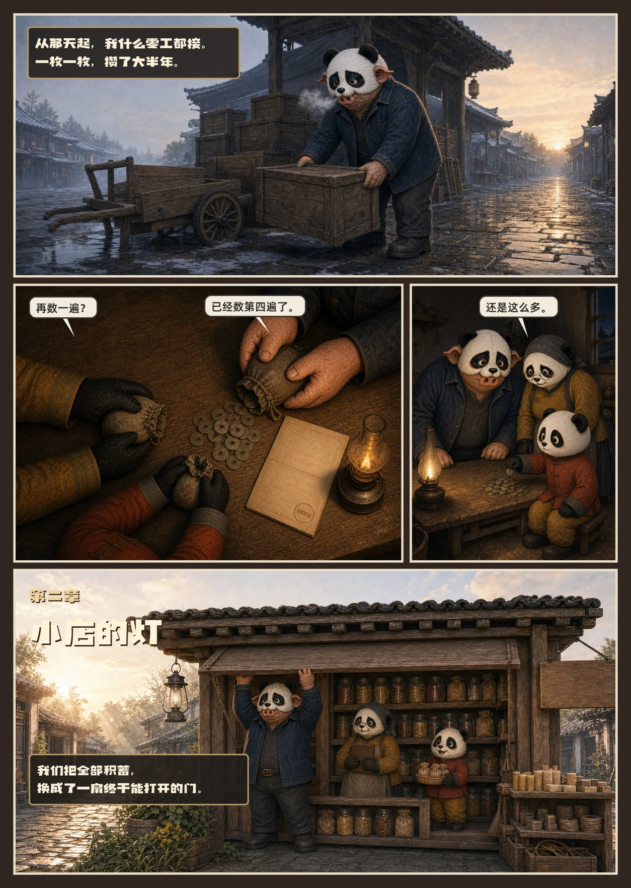 漫画《熊猫俊宇的故事》内页，厚重纹理叙事画风
