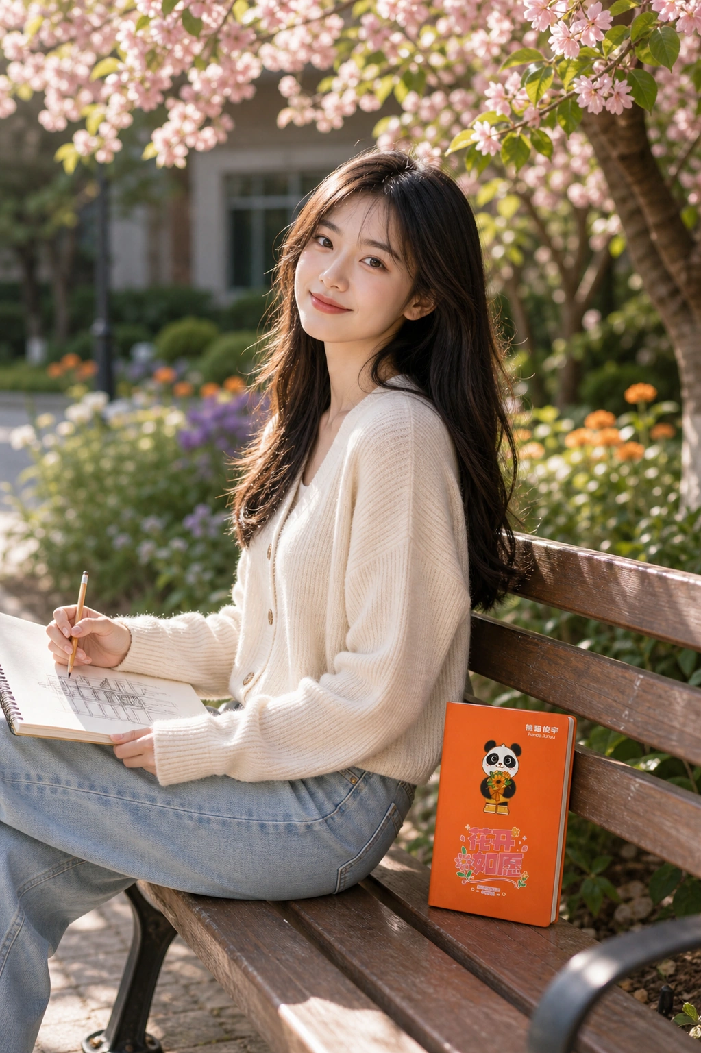 女生坐在花树下的长椅上写生，身旁展示橙色花开如愿笔记本
