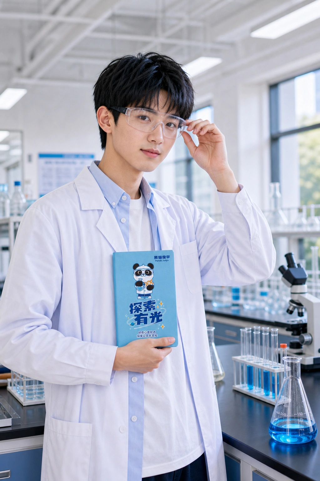 男生在实验室手持蓝色探索有光笔记本，展示科学家俊宇封面