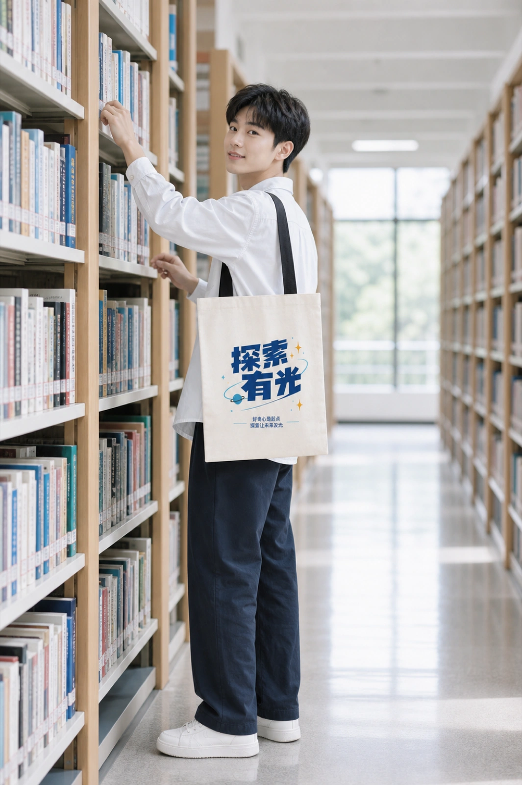 男款探索有光帆布袋文字面，白衬衫男生在图书馆肩背展示