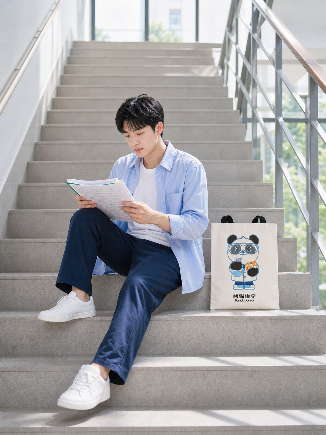 男款探索有光帆布袋的科学家俊宇角色面展示